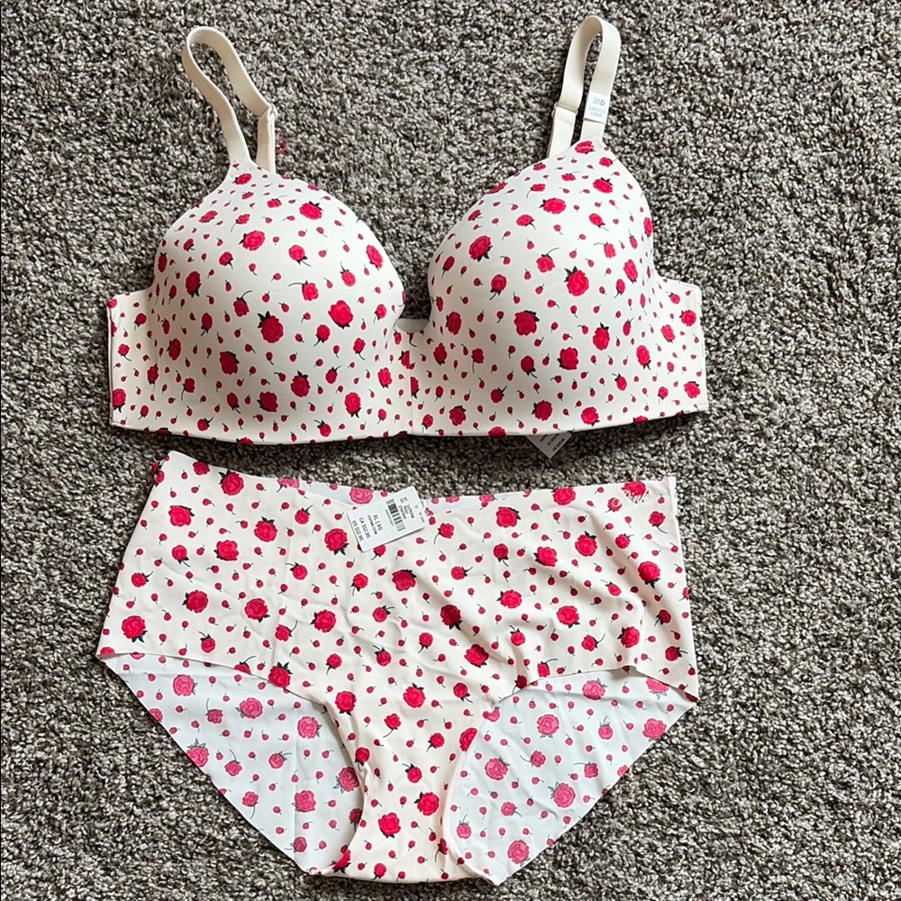 PINK VS Pink Rose Print Bra & Hiphugger Panties Set